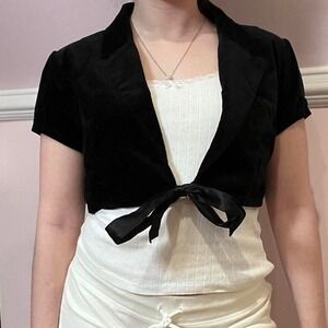 y2k black polka dot velour tie bolero mini cardigan large